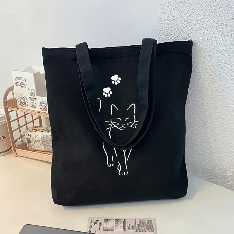 Cat Claw Bark - กระเป๋าผ้าแคนวาสลายอุ้งเท้าแมวน่ารัก รุ่นใหม่ล่าสุด สีดำ สะพายไหล่ ใช้ได้ทุกวัน เหมาะสำหรับนักเรียน